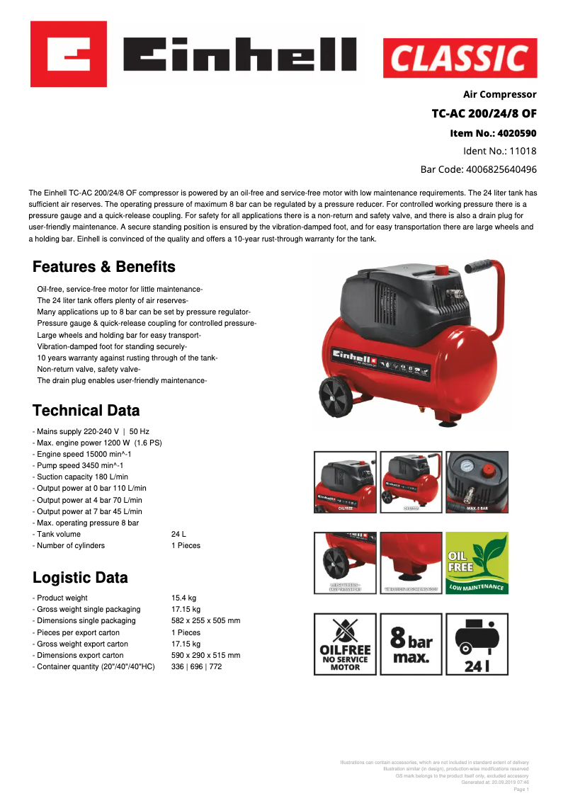 Page 1 de la notice Fiche technique Einhell TC-AC 200/24/8 OF