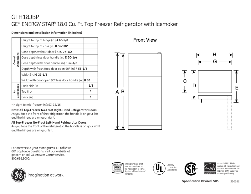 Page n°1 - Fiche technique GE GTH18JBPWW