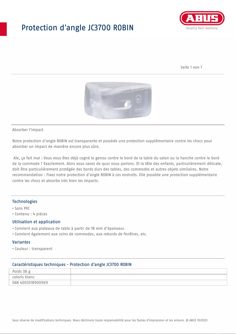 Page n°1 - Fiche technique Abus ROBIN JC3700