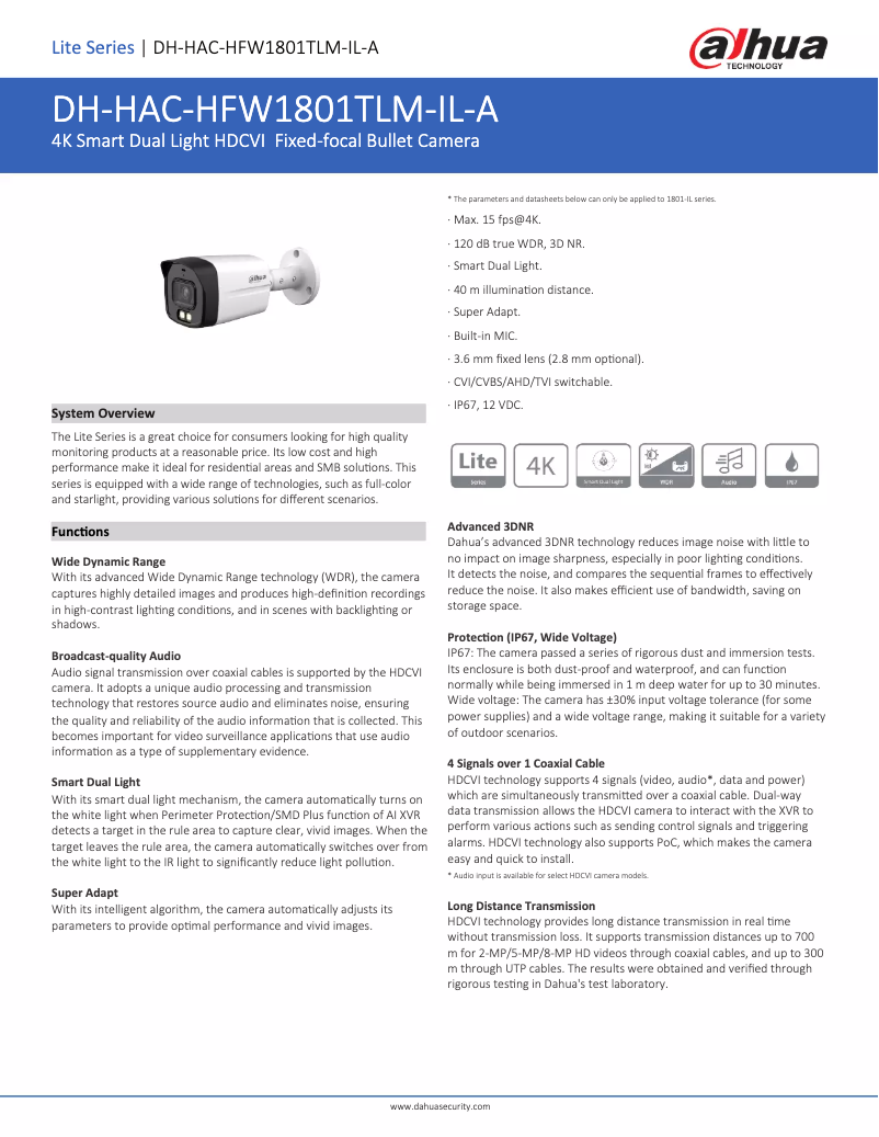 Page 1 de la notice Fiche technique Dahua Technology Lite HAC-HFW1801TLM-IL-A