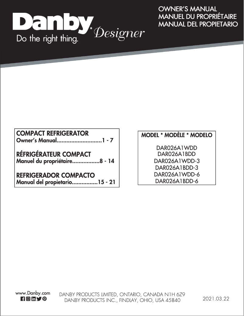 Page 1 de la notice Manuel utilisateur Danby DAR026A1WDD-3