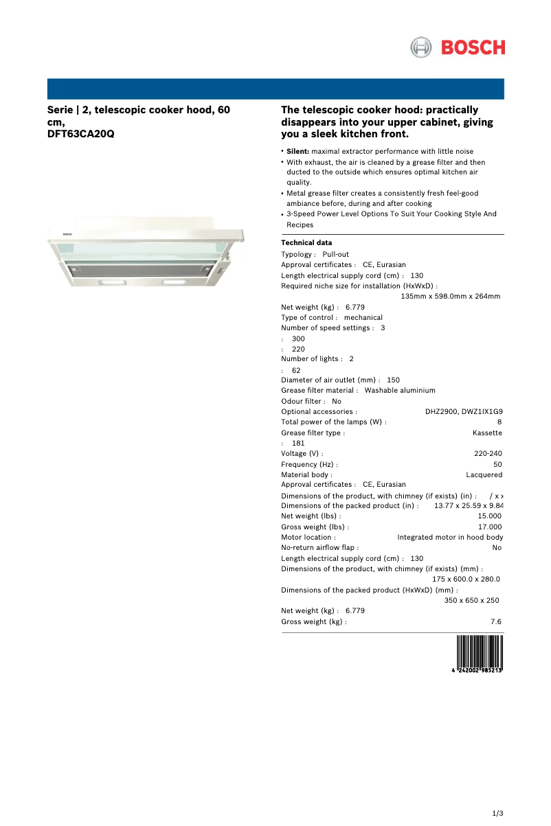 Page 1 of the manual Technical Sheet Bosch DFT63CA20Q