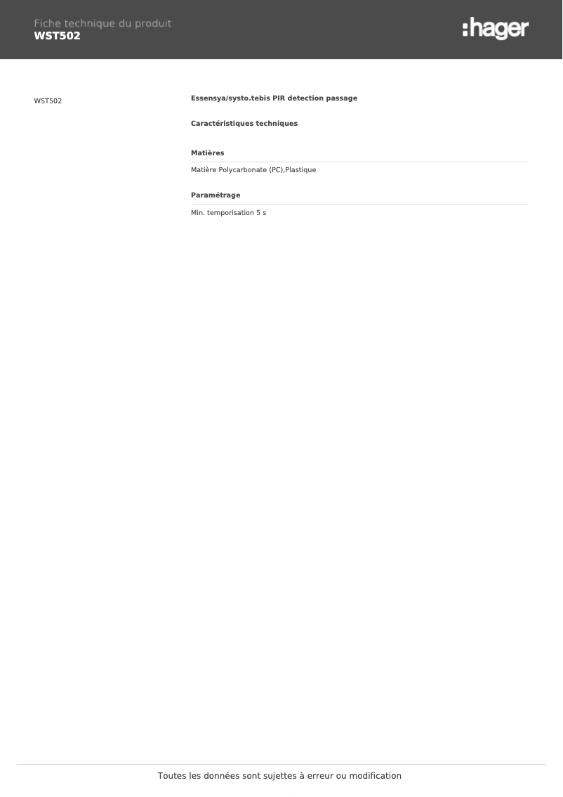 Page 1 de la notice Fiche technique Hager WST502