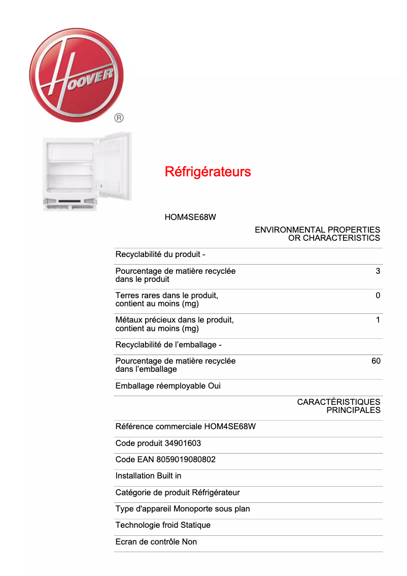 Page n°1 - Fiche technique Hoover HOM4SE68W