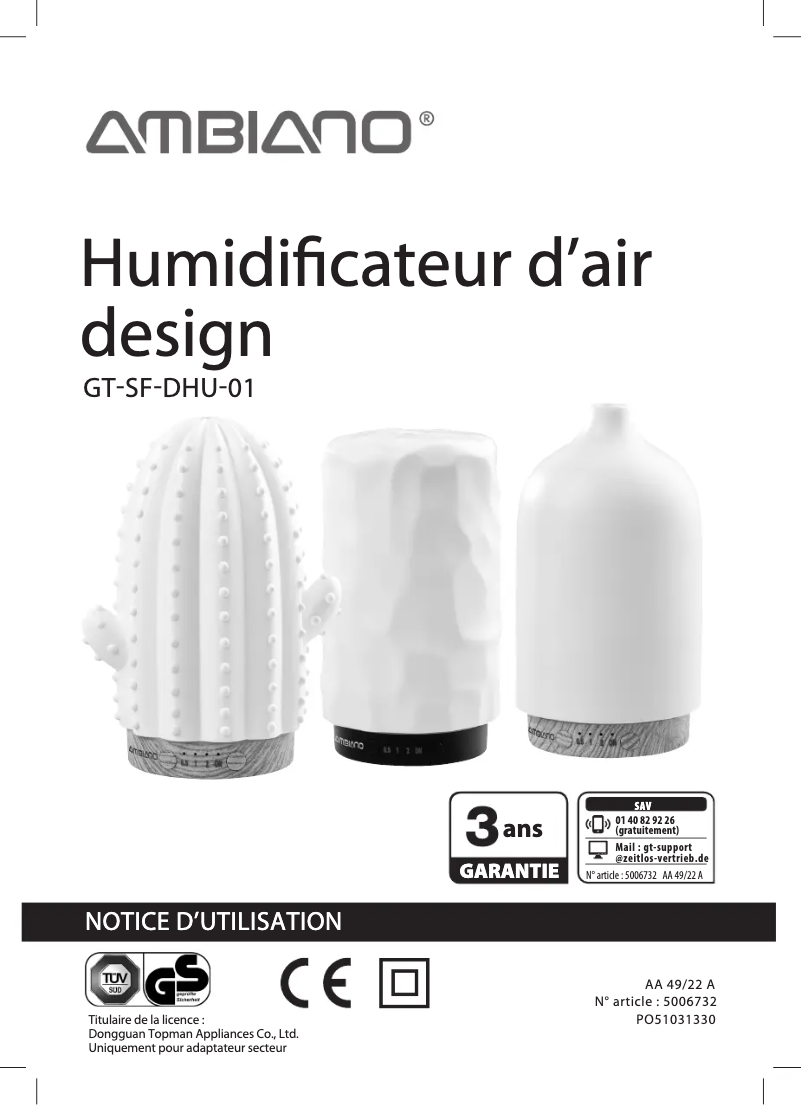 Page 1 de la notice Manuel utilisateur Ambiano GT-SF-DHU-01