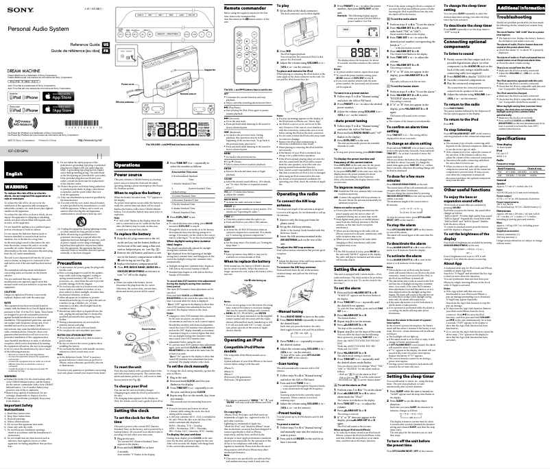 Image de la première page du manuel de l'appareil ICF-CS15iPN