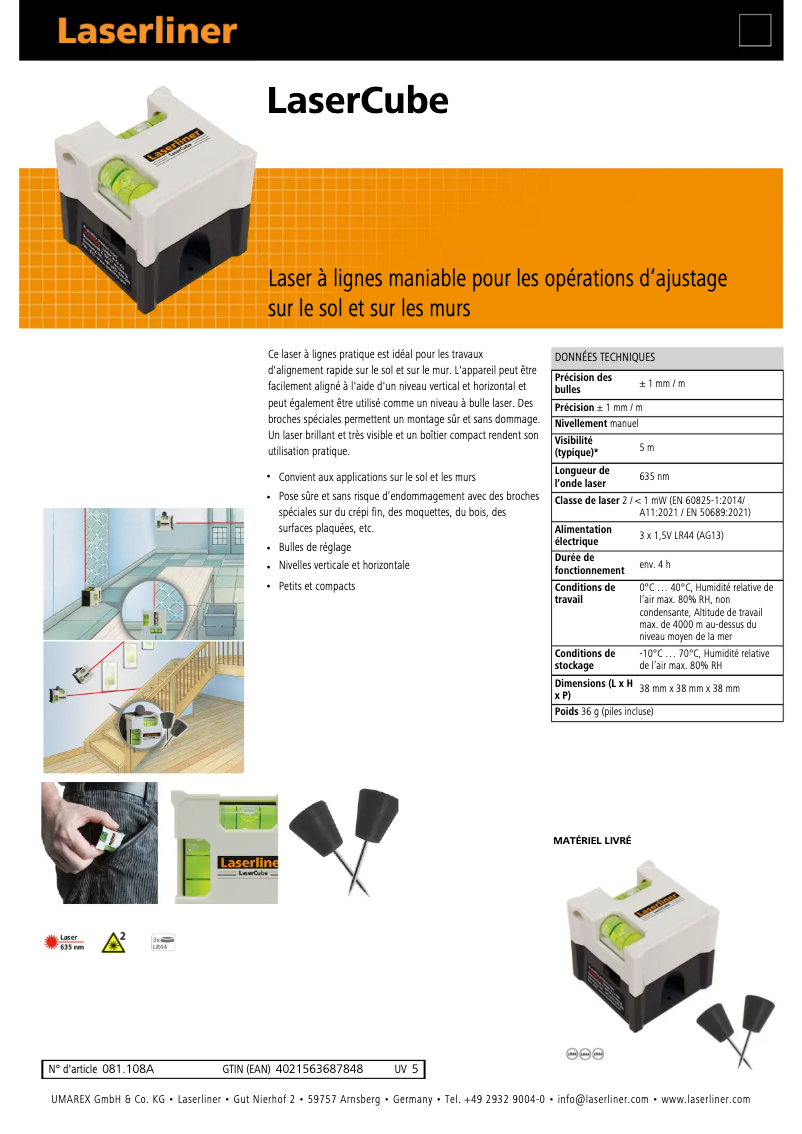 Page 1 de la notice Fiche technique Laserliner LaserCube