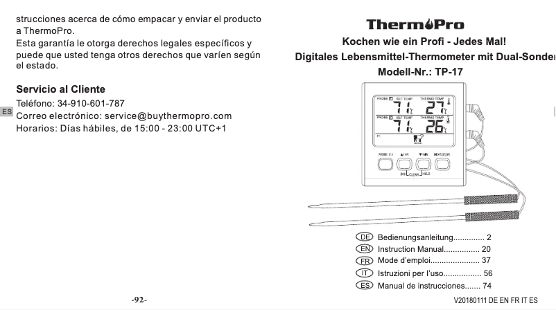 Page n°1 - Manuel utilisateur ThermoPro TP-17