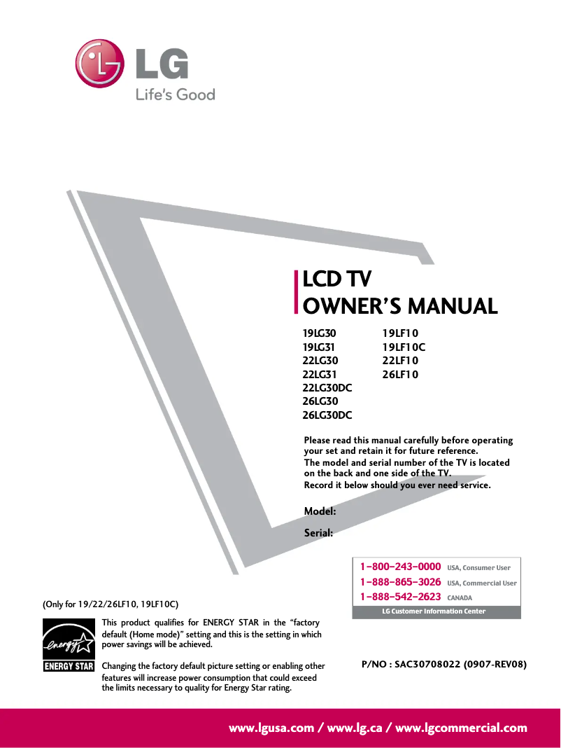 Page 1 de la notice Manuel utilisateur LG 19LF10C