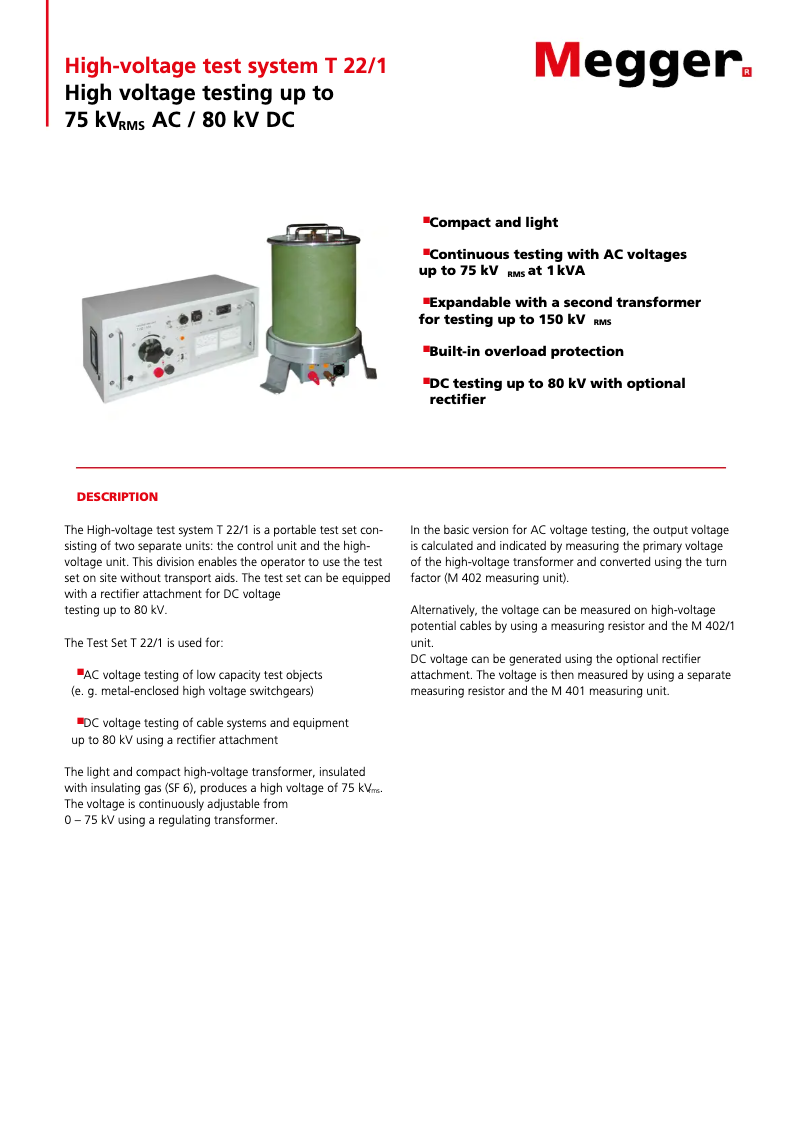 Page 1 de la notice Fiche technique Megger T22/1