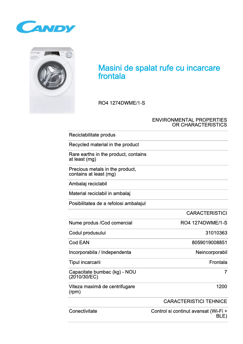 Page 1 de la notice Fiche technique Candy RO4 1274DWME/1-S