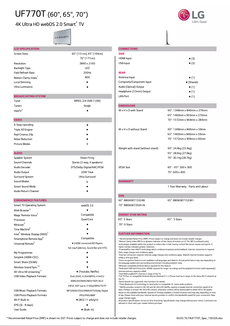 Page n°1 - Fiche technique LG 60UF770T