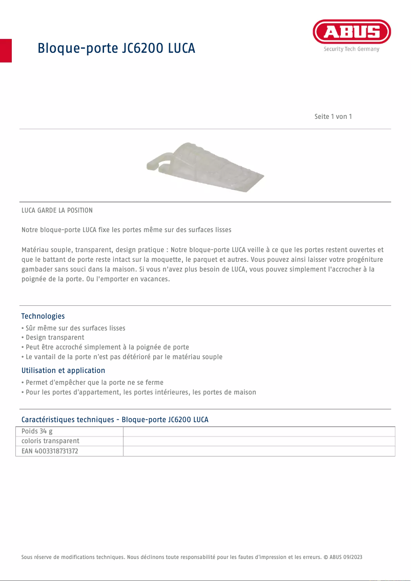 Page 1 de la notice Fiche technique Abus JC6200
