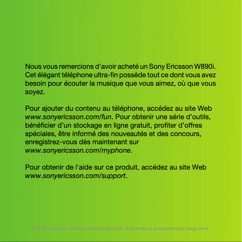 Page 1 de la notice Manuel utilisateur Sony Ericsson W890i