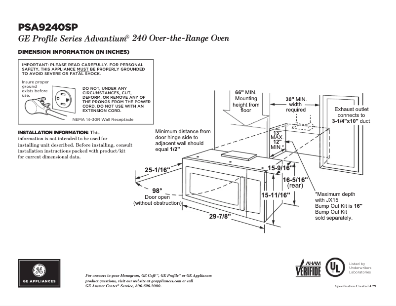 Page n°1 - Fiche technique GE Profile PSA9240SPSS