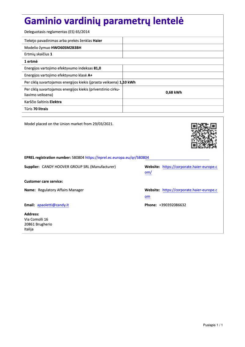 Page 1 de la notice Fiche technique Haier I-Message Series 2 HWO60SM2B3BH