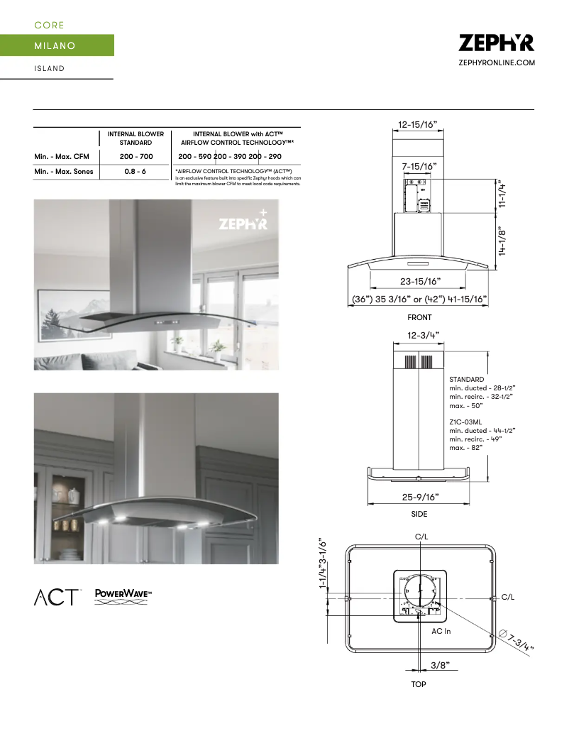 Page 1 de la notice Fiche technique Zephyr Milano ZML-E42CS