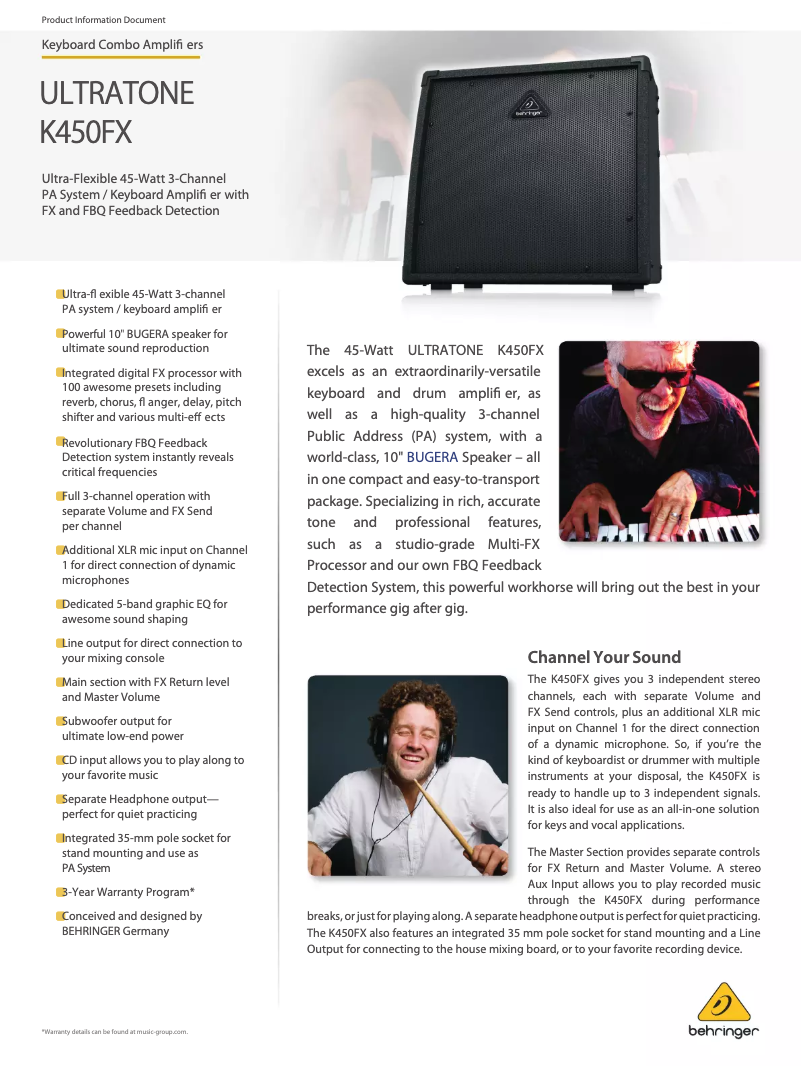 Page 1 de la notice Fiche technique Behringer Ultratone K450FX