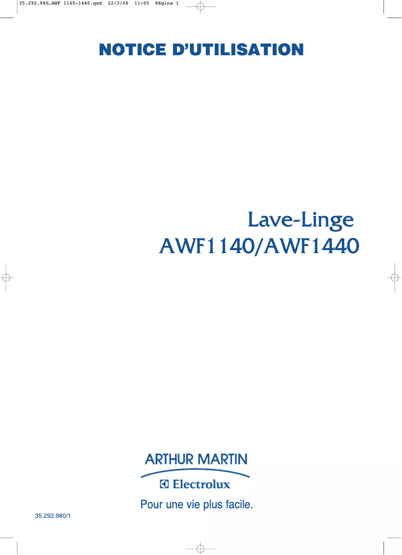 Page n°1 - Manuel utilisateur Arthur Martin-Electrolux AWF 1140