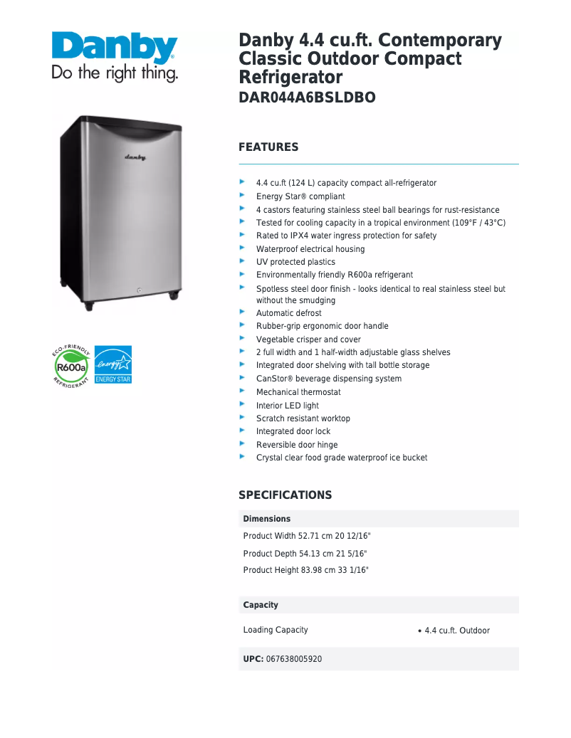 Page n°1 - Fiche technique Danby DAR044A6BSLDBO