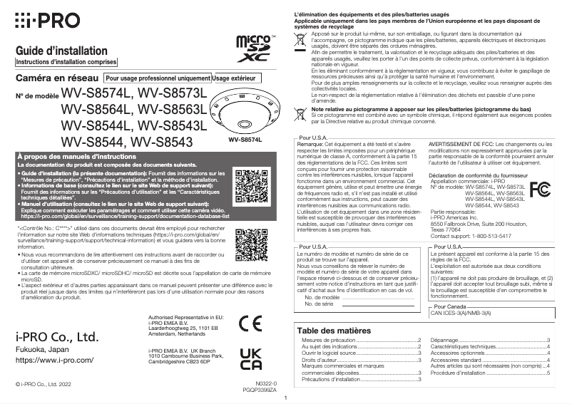 Page n°1 - Manuel utilisateur i-PRO WV-S8564L