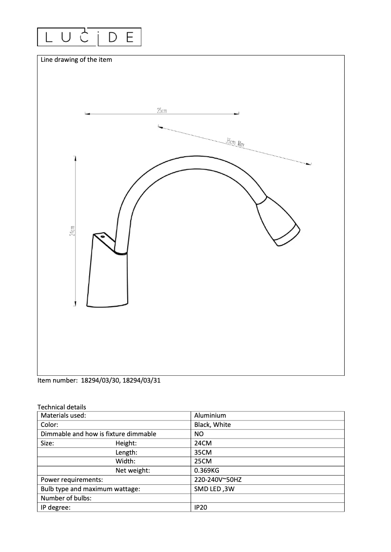 Page 1 de la notice Manuel utilisateur Lucide Galen 18294/03/30