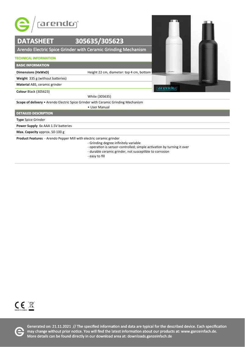 Page 1 de la notice Fiche technique Arendo 305899