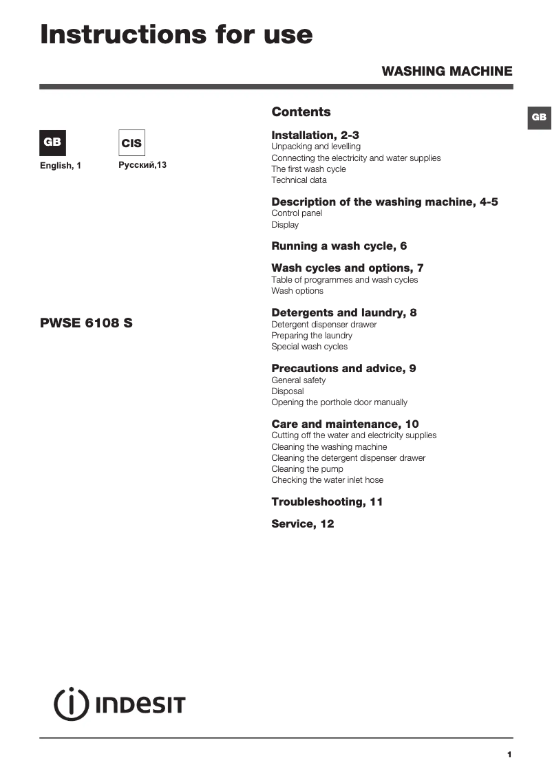 Page 1 de la notice Manuel utilisateur Indesit PWSE 6108 S