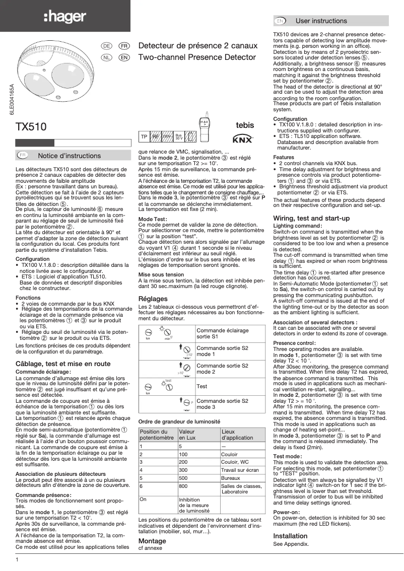 Page 1 de la notice Manuel utilisateur Hager TX510