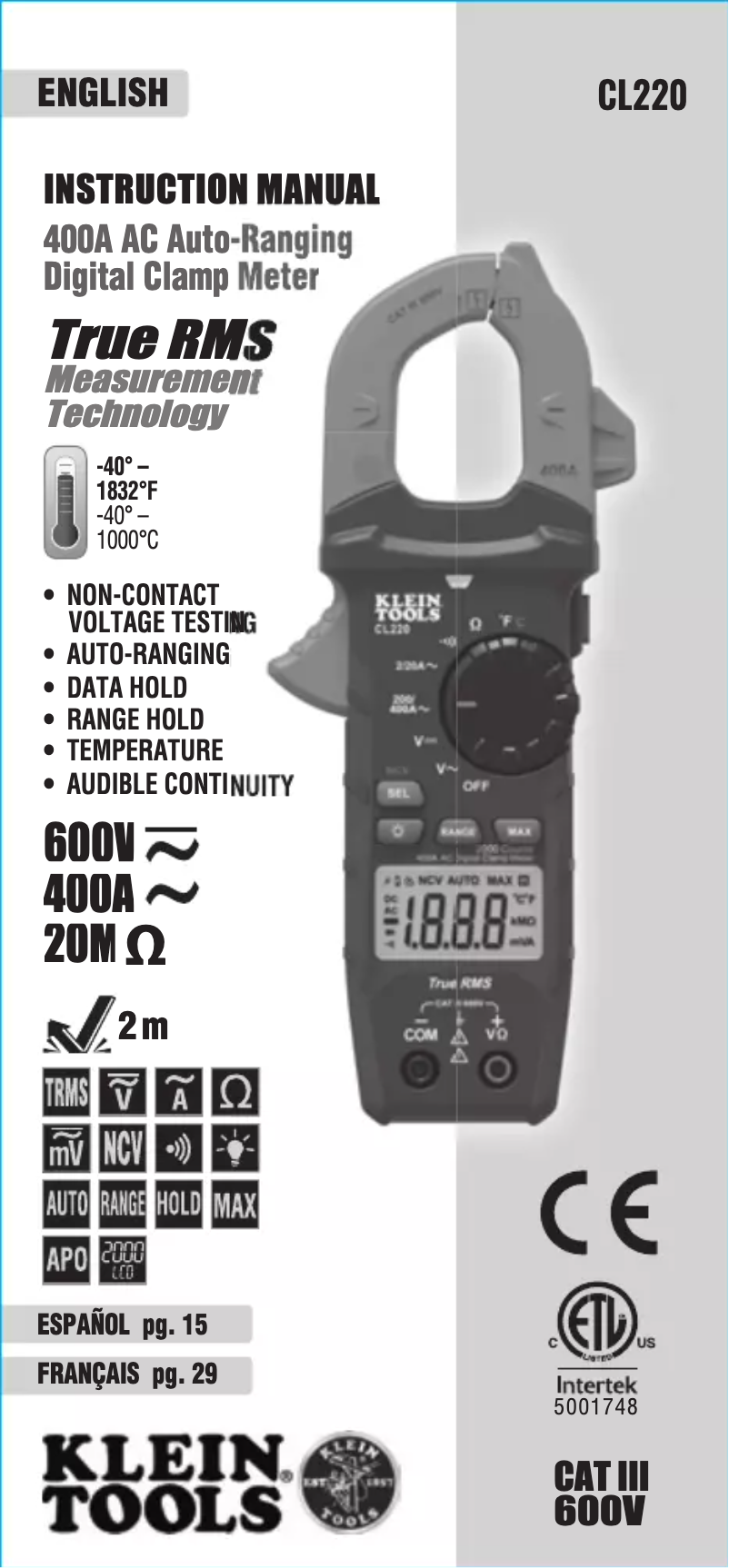 Page 1 de la notice Guide d'installation Klein Tools CL220