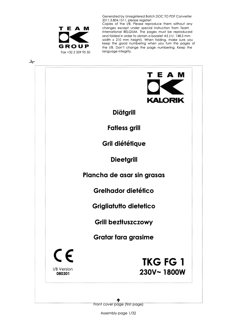 Page 1 de la notice Manuel utilisateur Kalorik TKG FG 1