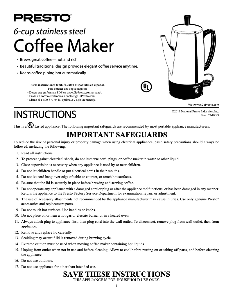 Page 1 de la notice Manuel utilisateur Presto 6-Cup Stainless Steel
