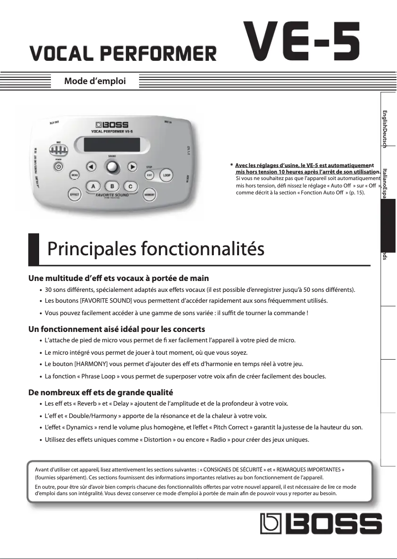 Page 1 de la notice Manuel utilisateur Boss VE-5