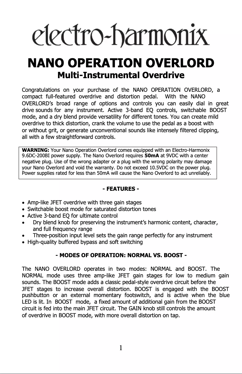Page 1 of the manual User Manual Electro Harmonix Nano Operation Overlord