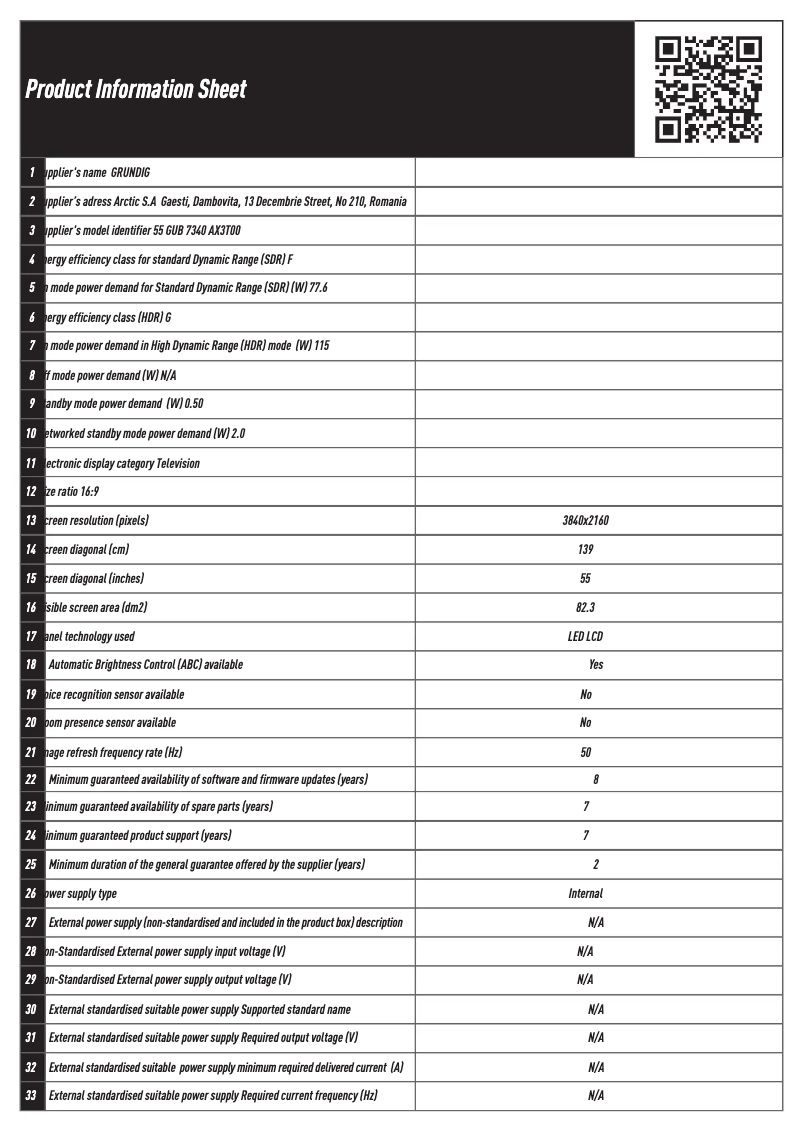 Page 1 de la notice Fiche technique Grundig 55 GUB 7340