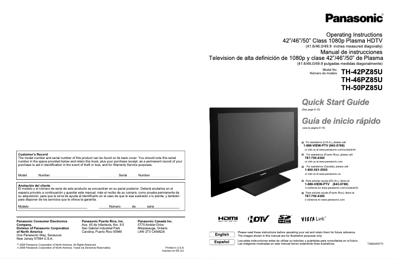 Page 1 de la notice Manuel utilisateur Panasonic Viera TH-50PZ85