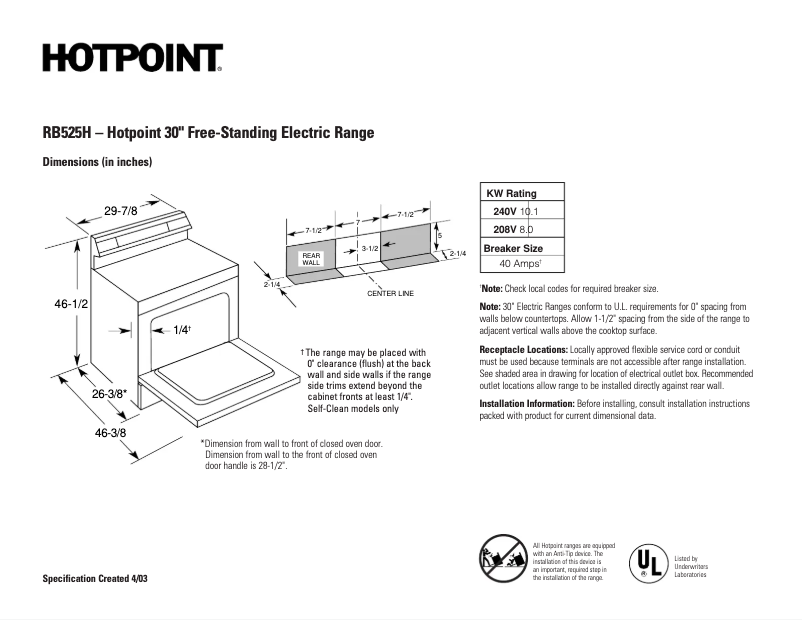 Page 1 de la notice Fiche technique Hotpoint RB525HWH