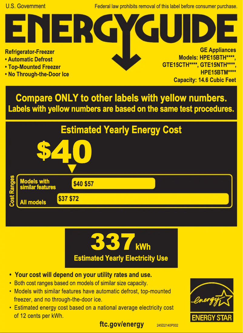 Page 1 de la notice Label énergétique GE GTE15CTHRBB
