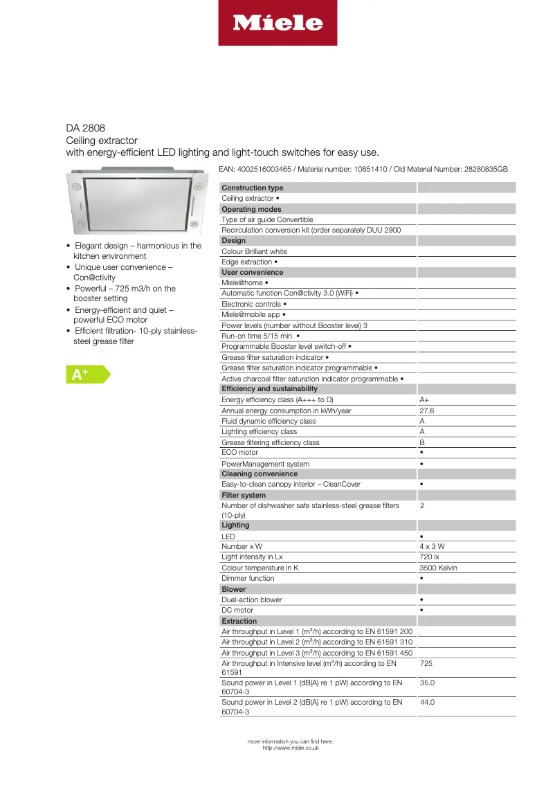 Page 1 de la notice Fiche technique Miele DA 2808