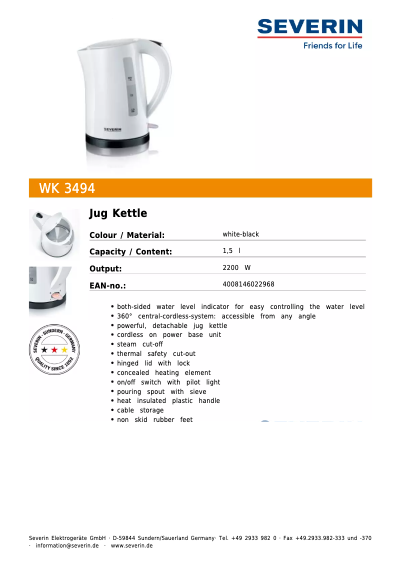 Page n°1 - Fiche technique Severin WK 3494