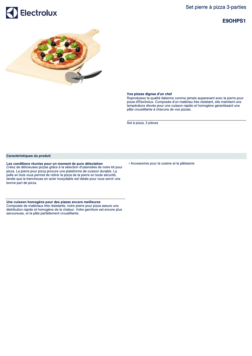 Page 1 de la notice Fiche technique Electrolux E9OHPS1