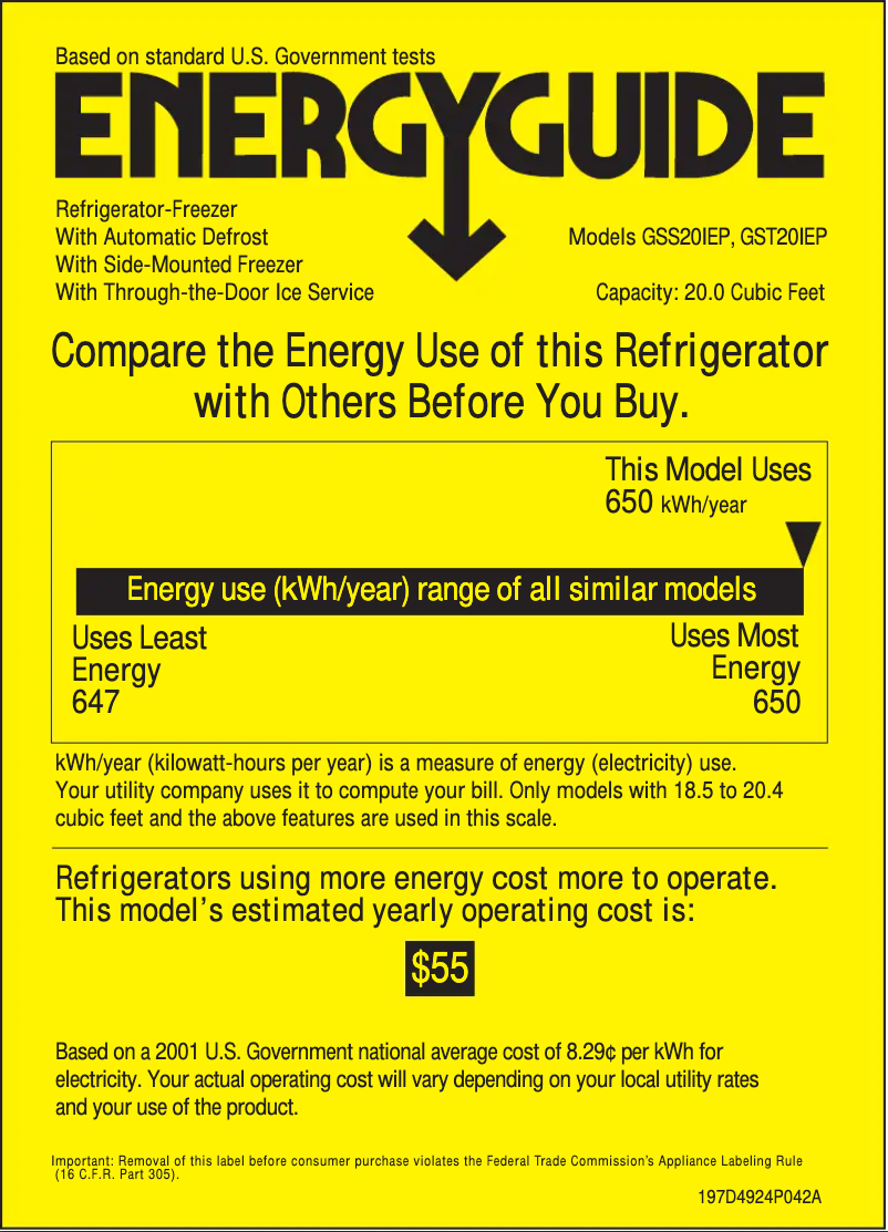 Page 1 de la notice Label énergétique GE GSS20IEPWW