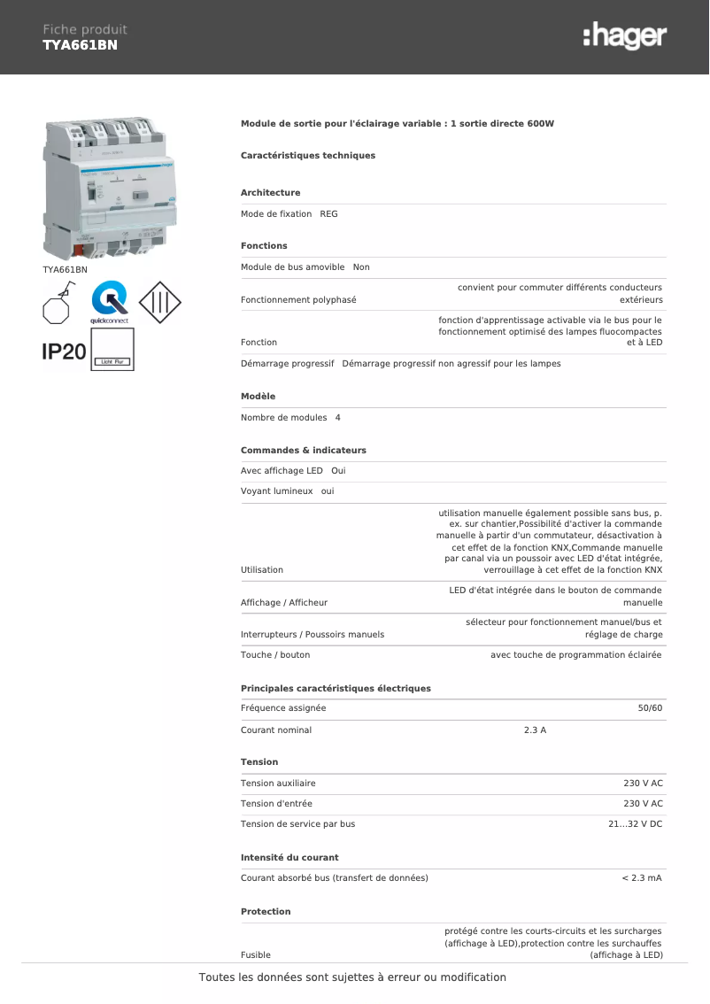 Page n°1 - Fiche technique Hager TYA661BN