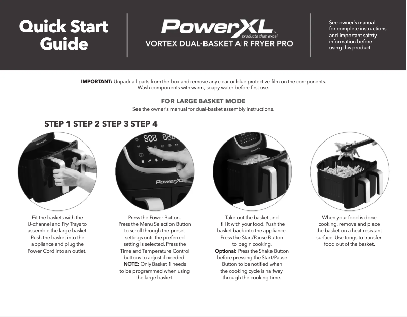 Page 1 de la notice Guide de démarrage rapide PowerXL Vortex Dual Basket Air Fryer Pro DUAF-005
