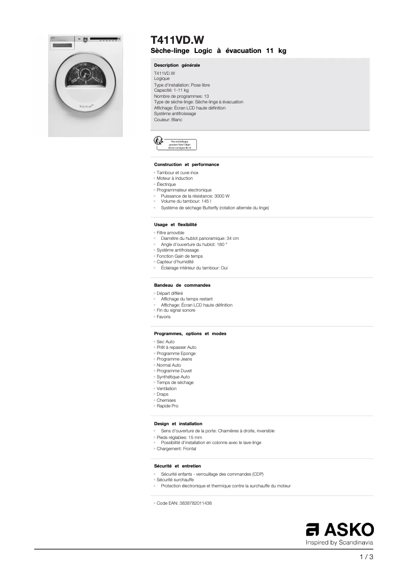 Page 1 de la notice Fiche technique Asko T411VD.W