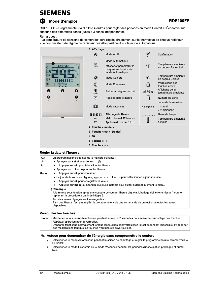 Page n°1 - Manuel utilisateur Siemens RDE100FP