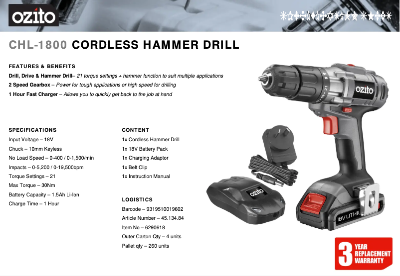Page 1 de la notice Fiche technique Ozito CHL-1800
