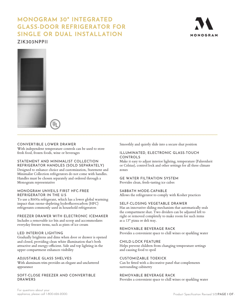 Page 1 de la notice Fiche technique Monogram ZIK303NPPII