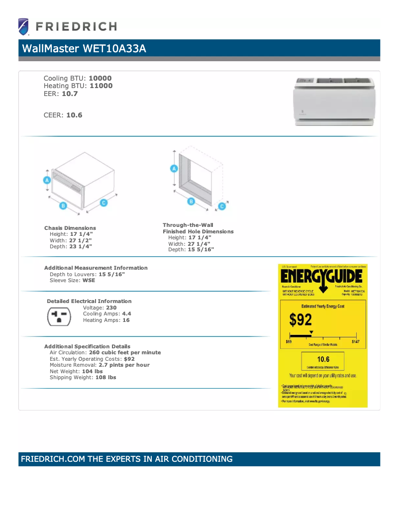 Página 1 del manual Ficha técnica Friedrich WallMaster WET10A33A