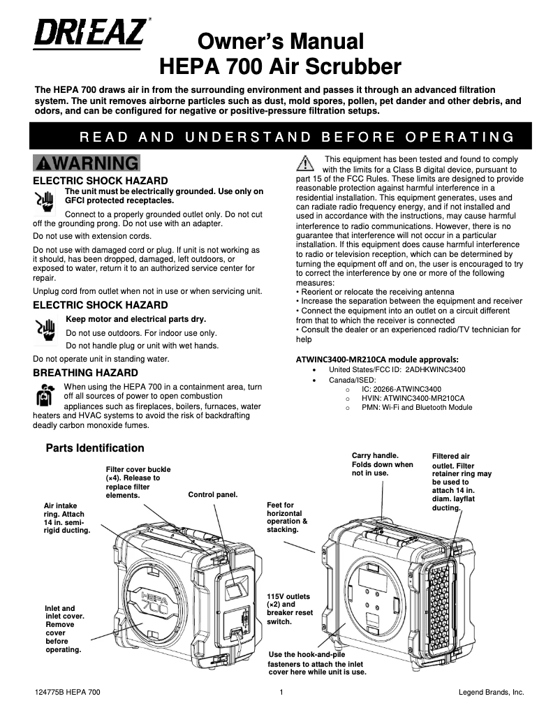 Image de la première page du manuel de l'appareil HEPA 700